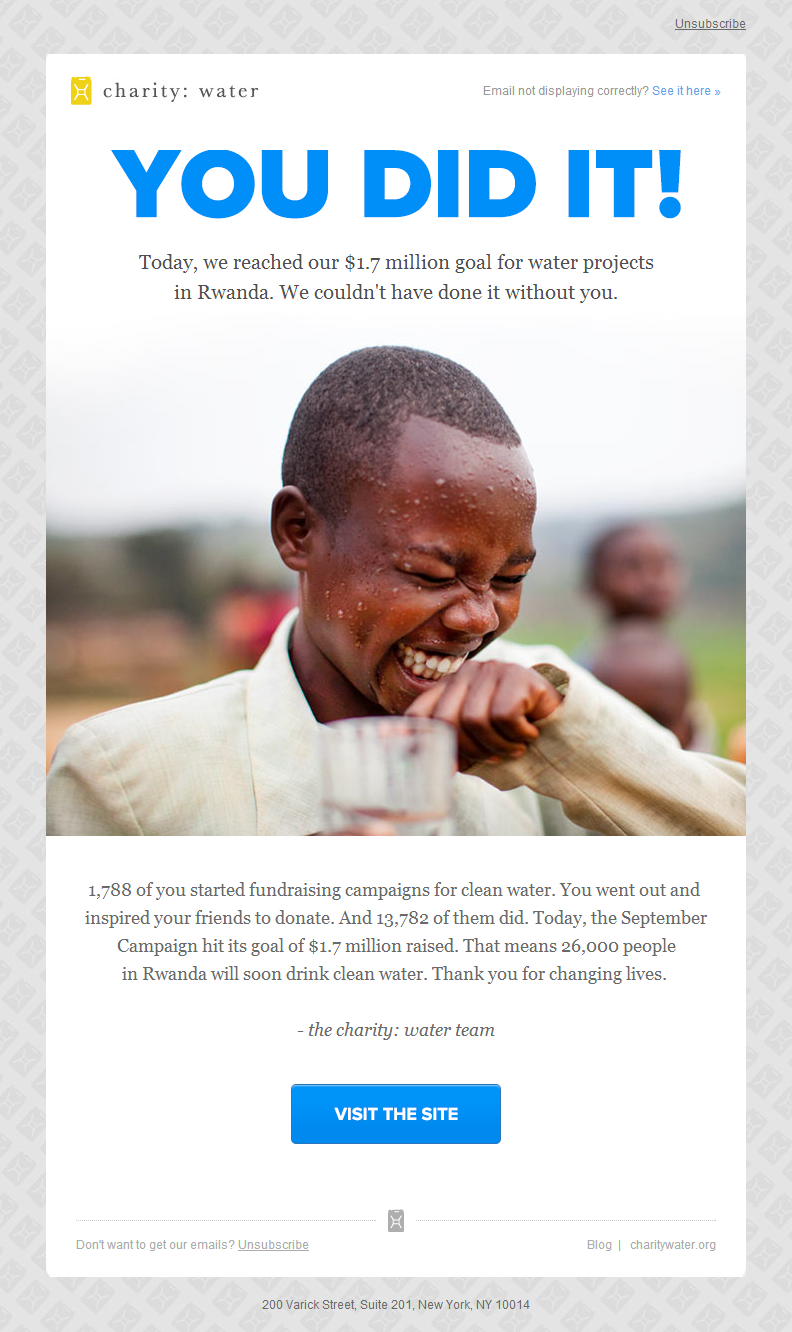 charity:water newsletter - online fundraising